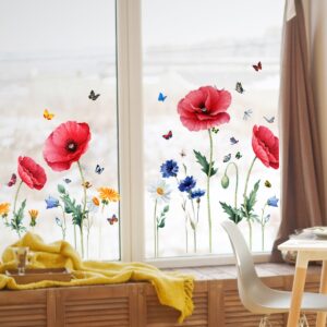 2ks Nálepka na stěnu s motýlem květem červeného máku Elektrostatická pasta Pasta na sklo na okna Oboustranná viditelná dekorativní nálepka na zeď
