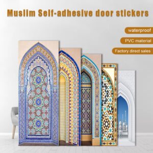 2ks/set Muslimský islámský styl Retro Door Art Nálepka Nástěnná malba Chodba Skříň Dekorativní malba Peel & Stick Vodotěsná tapeta
