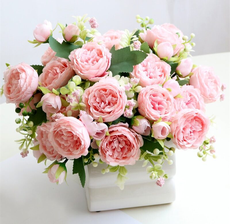 32 cm Růže Růžová Hedvábná Kytice Pivoňka Umělé květiny 5 velkých hlav 4 Malé poupě Nevěsta Svatba Domácí dekorace Falešné umělé květiny