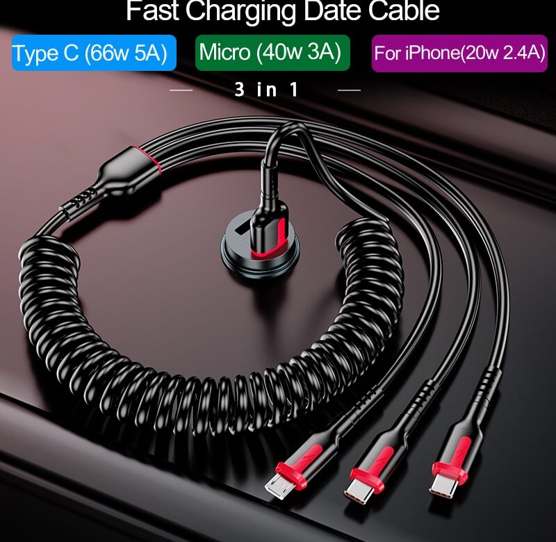 5A 66W rychlonabíjecí kabel USB typu C 3A mikro USB pružinový kabel do auta pro Xiaomi Redmi příslušenství k telefonu Samsung Realme pro iPhone