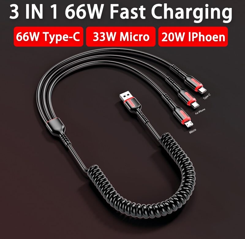 66W 5A Fast Charging Type C Cable 3A Micro USB Car Spring USB Cable For Xiaomi Redmi Samsung Honor Phone Accessories For iPhone