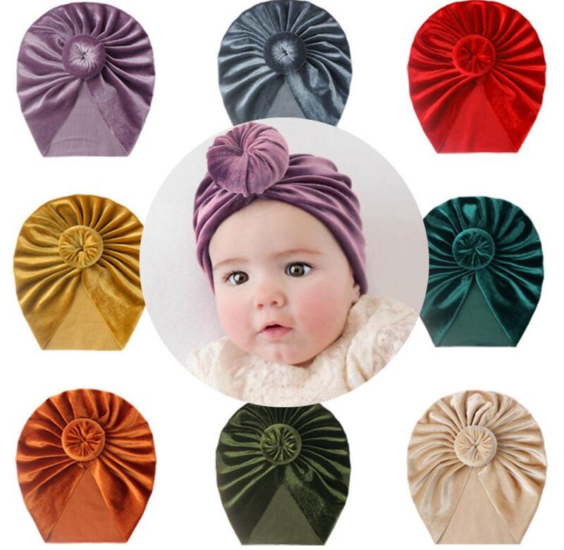 8 barev 0-4Y Baby Příslušenství pro novorozence Jednobarevná Čepice s elastickým uzlem Velvet Donut Batole Turban Zlatá Kid Hat Pullover Cap