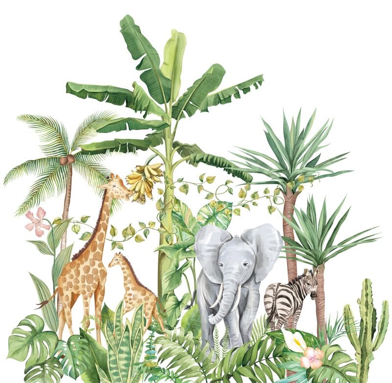 Nálepky na stěnu s velkými zvířaty ze severské džungle do dětského pokoje Chlapci Pokoj Dekorace do ložnice Slon Žirafa Rostliny plakáty