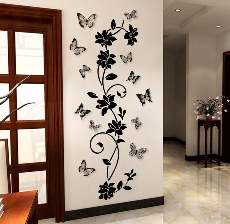 Samolepky na stěnu s květinami černého motýla 3D Samolepka na stěnu s 3D dekorací do kuchyňské linky