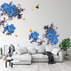 Nálepka na zeď s modrým květem pivoňky Samolepicí samolepicí dekorace na pozadí pohovky do obývacího pokoje