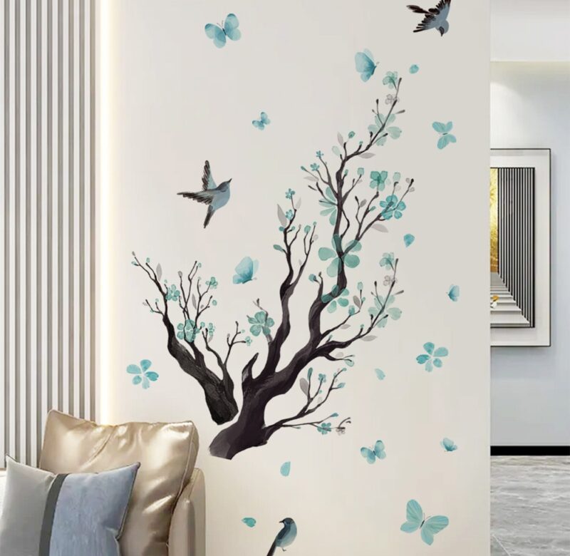Modré okvětní lístky Větve Ptáci Samolepky na zeď Obývací pokoj Pozadí Domácí dekorace Tapeta Ložnice Samolepící obtisky