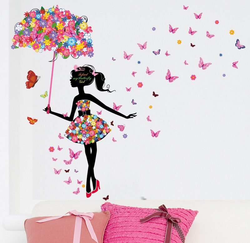 Kreslená motýlí víla květinová dívka s deštníkem samolepky na zeď pro holčičí ložnice dětský pokoj samolepky na stěnu barevné květiny PVC
