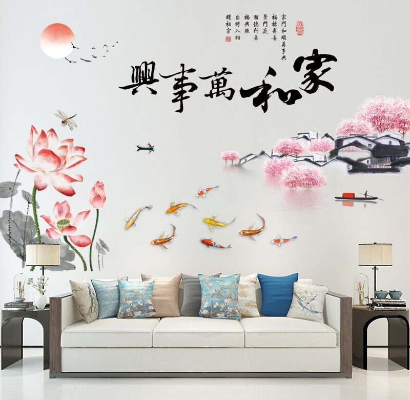 Čínský styl Lotosový květ samolepky na zeď Domácí dekorace tapety Velké obtisky Obývací pokoj Čínská inkoustová krajinná malba