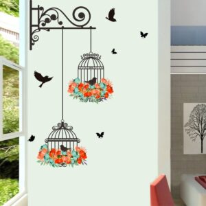 Nálepka na zeď Barevný květ klec létající ptáci Kreativní domácí výzdoba obývacího pokoje Obtisky tapety ložnice výzdoba okna školky