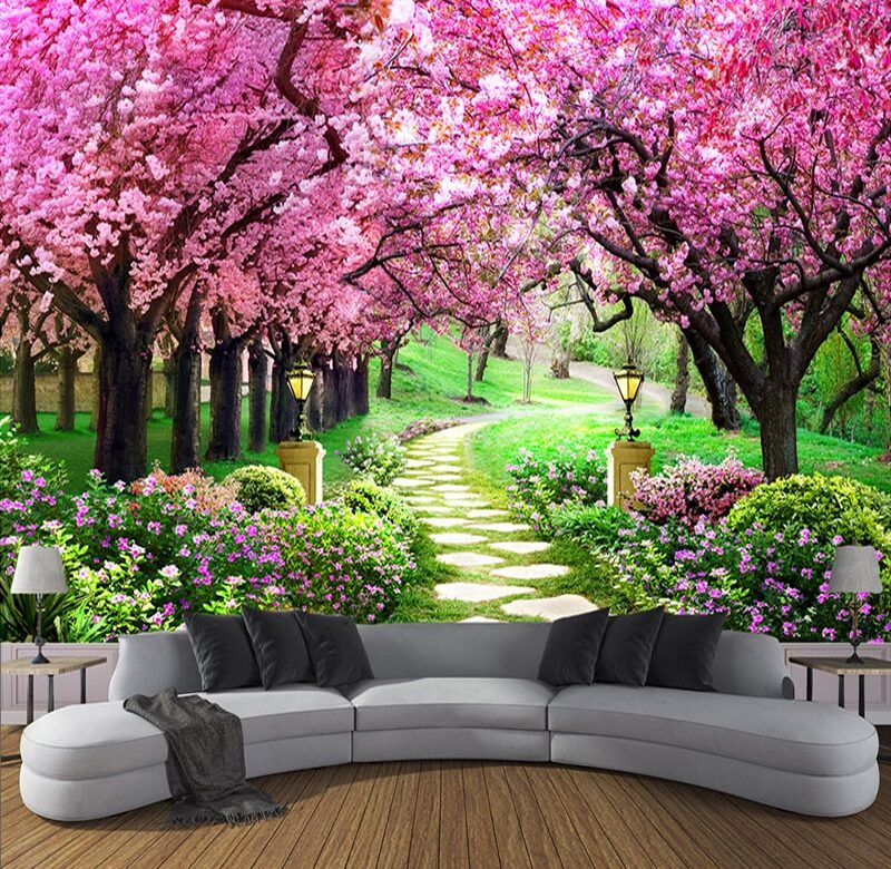 Vlastní 3D fototapeta Květina Romantický Třešňový květ Strom Malá silnice Fototapeta Tapety pro obývací pokoj Ložnice De Parede
