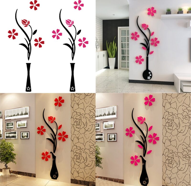 DIY Váza Květina Samolepící Tapeta Strom Crystal Arcylic 3D Samolepka na zeď Samolepka Dětský pokoj Domácí Dekor