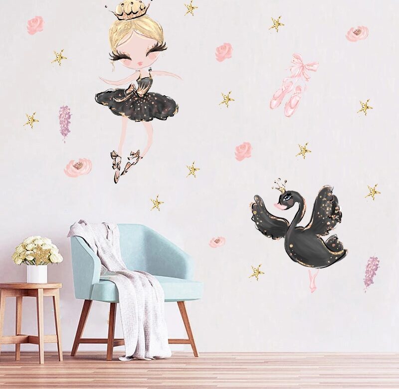 Nálepky na stěnu víla balet pro děti do dětského pokoje Dětská dekorace do pokoje Dětský pokoj Tapeta Kawaii Kreslená princezna Černá labuť květina