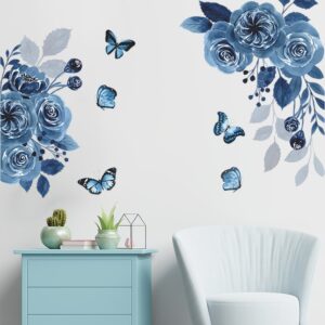 Inkoust Modré růže Butterfly Nálepky na zeď Domácí dekorace Obývací pokoj Ložnice Vinylová dekorace na zeď Samolepicí samolepky na zeď Květiny