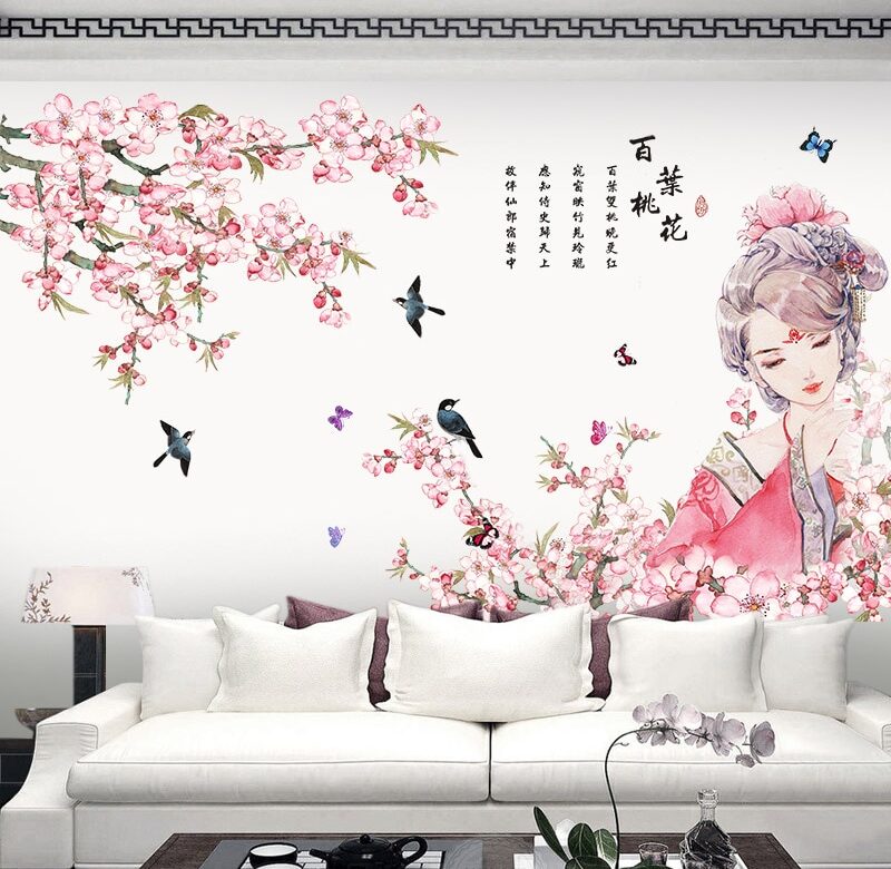 Velký čínský styl Ancient Beauty Flower Vinyl Samolepky na zeď Vintage plakáty Obývací pokoj Ložnice Domácí dekorace Tapeta