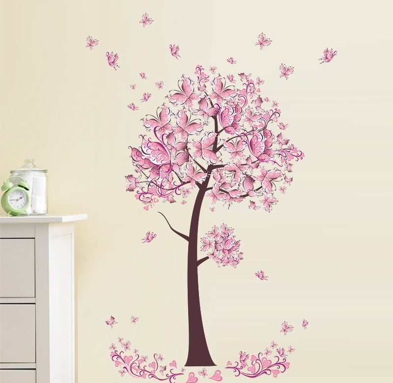 Růžový motýl Květ Strom Samolepky na zeď Samolepky Dívky Ženy Květina Nástěnná malba Vinyl Tapeta Domů Obývací pokoj Ložnice Dekor
