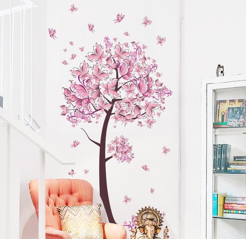 Růžový motýlí květ Strom Samolepky na zeď Samolepky Dívky Ženy Květina Nástěnná malba Vinyl Tapeta Domů Obývací pokoj Ložnice Dekor
