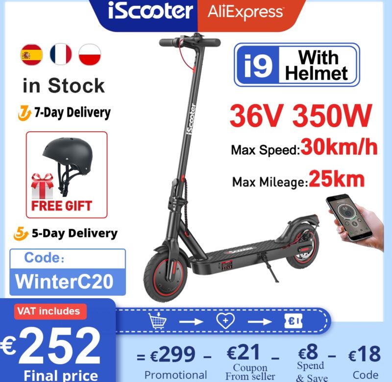 Elektrická koloběžka iScooter 8,5″ s helmou pro dospělé Elektrokoloběžky Skládací motor 350 W, 30 km/h, Kick Scooter Elektrická koloběžka pro dospělé