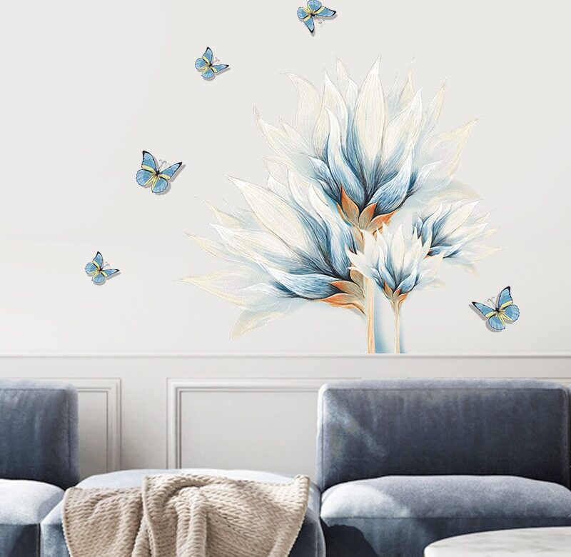 mamalook Modrý motýl květina Nálepka na zeď Vodová barva Pozadí pro obývací pokoj Pohovka Domácí dekorace Ložnice Nástěnná malba Tapeta PVC S