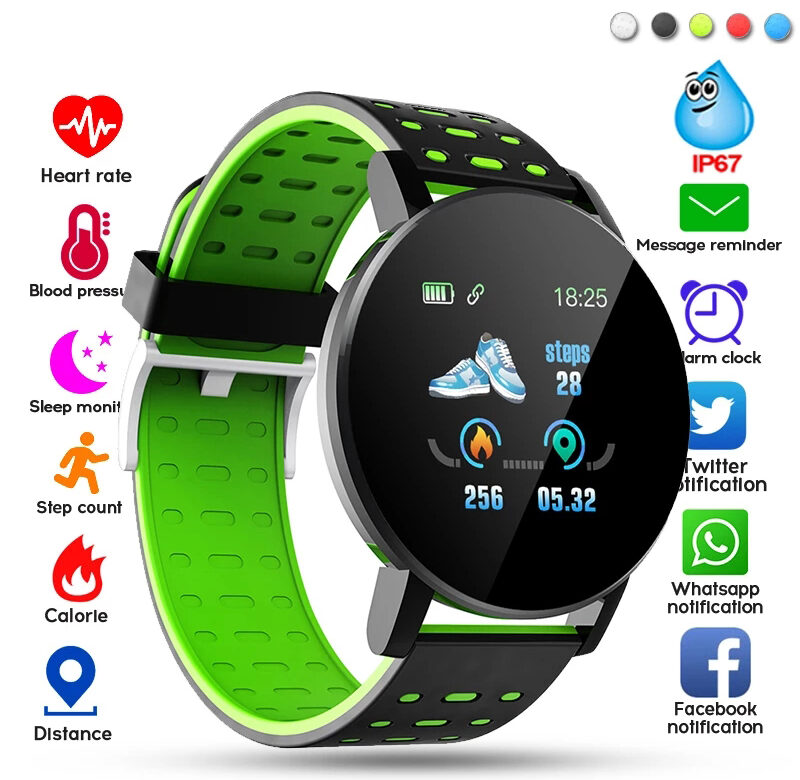 119 Chytré hodinky Muži Ženy Monitorování srdečního tepu krevního tlaku Bluetooth Chytré hodinky Fitness Tracker Hodinky Sport pro Android IOS