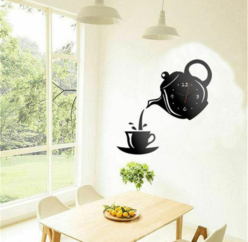 3D kávový šálek čajová konvice Samolepící akrylové zrcadlové hodiny na stěnu samolepky pro domácí obývací pokoj nástěnné hodiny samolepky na stěnu hodiny