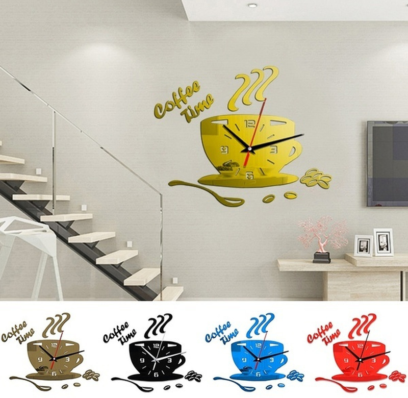 3D kreativní akrylátové zrcadlové nástěnné hodiny Jednoduché domácí Digitální samolepka na stěnu Dekorace Tichý Nálepka na stěnu šálek kávy Quartz Clock