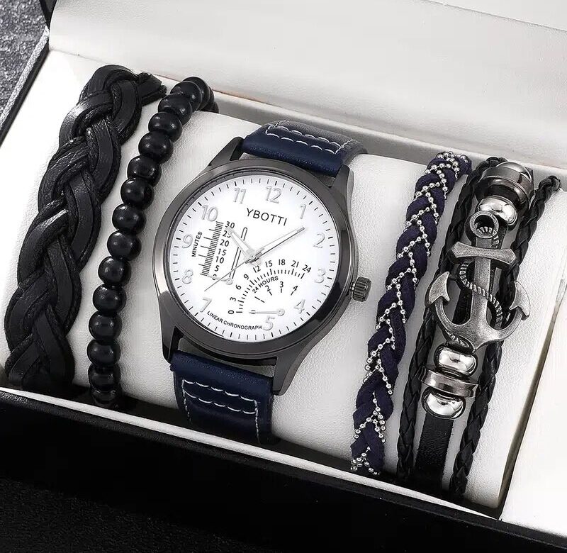 Sada 4 ks Móda Pánské Sportovní hodinky Muž Business Quartz náramkové hodinky Luxusní modrý kožený náramek Pánské Hodinky pro volný čas