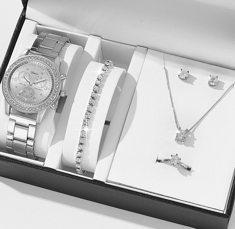 Sada 6 ks Luxusní hodinky Ženy Prsten Náhrdelník Náušnice Kamínkové Módní Náramkové hodinky Dámské Neformální Dámské Hodinky Náramek Set Hodiny