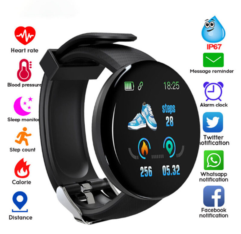 Inteligentní náramek D18 Barevný kulatý displej Srdeční frekvence Krevní tlak Monitorování spánku Krokoměr Sportovní fitness chytré hodinky