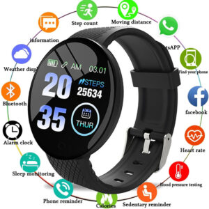 D18 chytrý náramek barevný kulatý displej tepová frekvence krevní tlak monitor spánku chůze cvičení fitness chytré hodinky