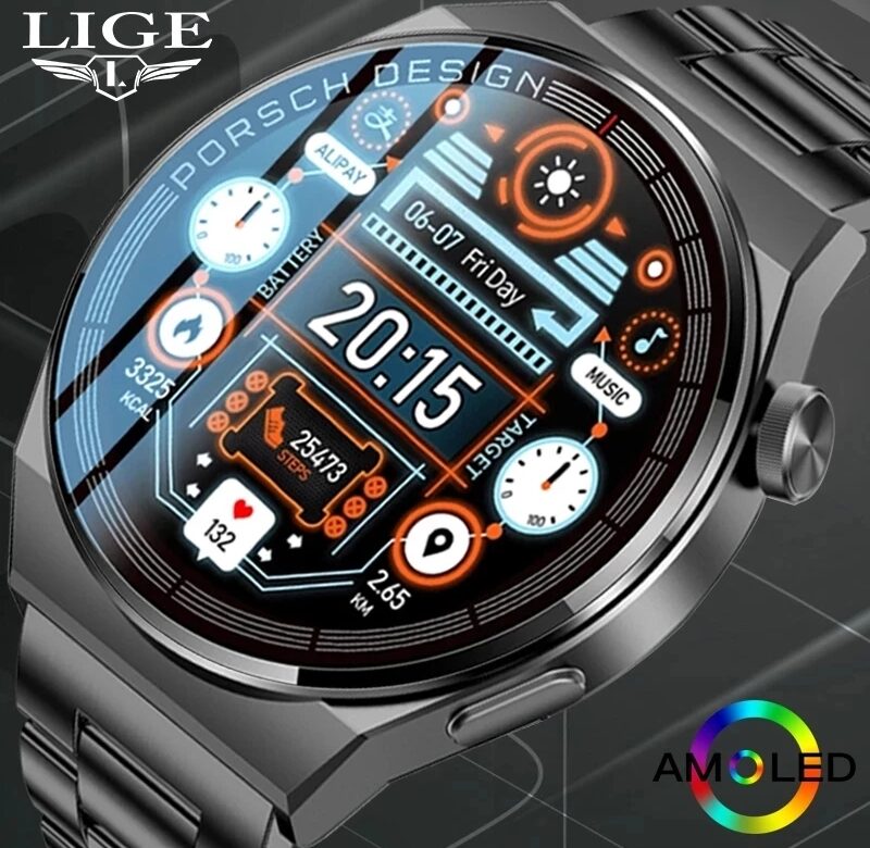 Nové chytré hodinky LIGE pro muže AMOLED 390*390 HD obrazovka Vždy zobrazený čas Fitness náramek Vodotěsné pánské chytré hodinky z nerezové oceli
