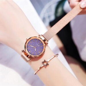 Luxusní dámské hodinky Purple Dial Quartz Watch Jednoduché Rose Gold Mesh Pásek Dámské hodinky relogio feminino