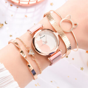 Dámské módní hodinky Rose Gold síťovaný pásek Růžový kočičí ciferník Luxusní dámské křemenné hodinky Neformální dámské hodiny s náramkem set