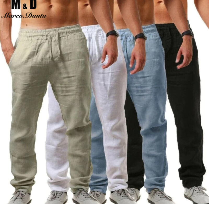 Nové pánské bavlněné plátěné kalhoty Mužské léto Prodyšné Jednobarevné plátěné kalhoty Fitness Streetwear M-3XL Pánské oblečení