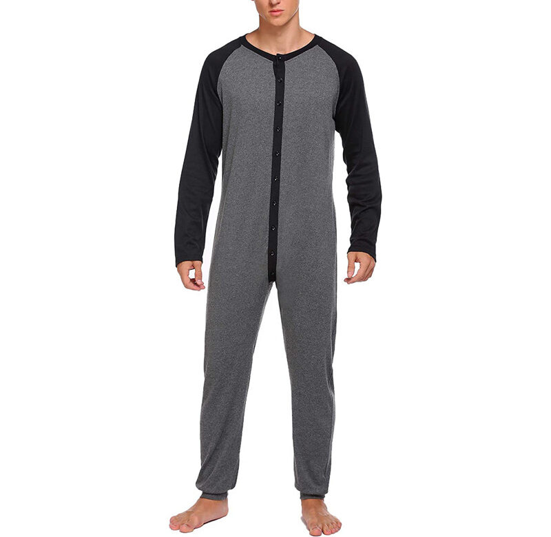 Oblečení na spaní Dlouhý rukáv Colorblock Patchwork Jednodílné pyžamo Běžné Domácí oblečení Noční košile Muži Noční kombinéza na knoflíky