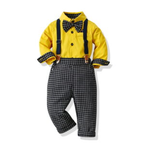 New Spring Boy 2ks Sets Dlouhé rukávy Motýlek Zlatožluté košile+proužkované šátkové kalhoty Britský gentleman Dětské oblečení E1704