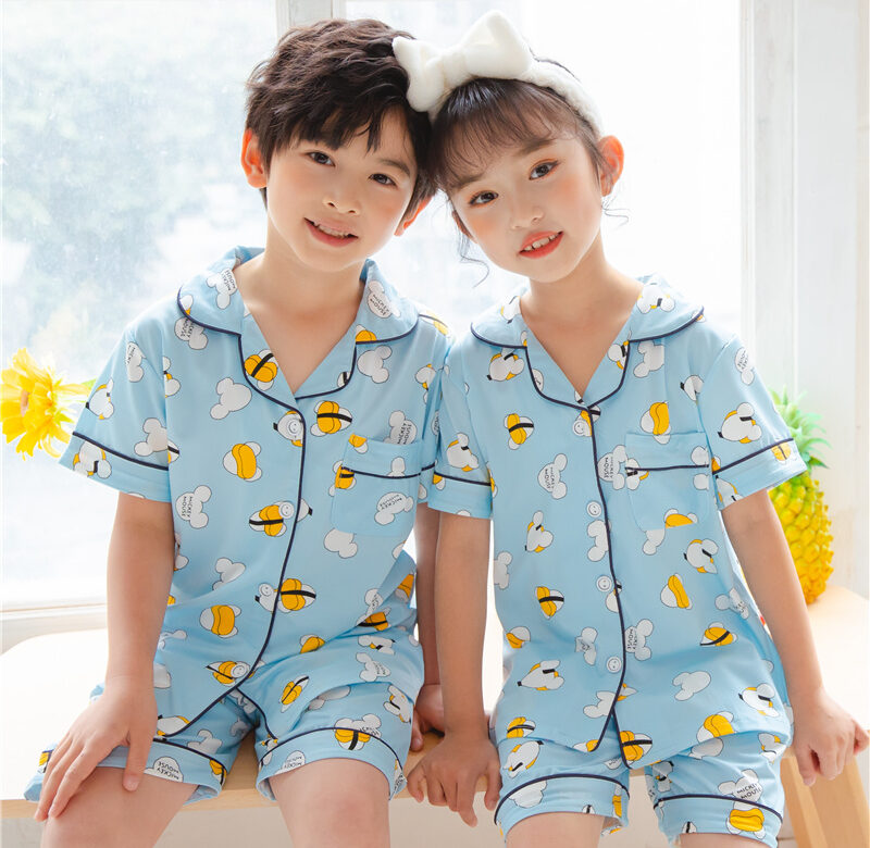 Summer Blue Cartoon Print Pyžamo pro děti Dítě Dívka Vlastní kojenecké oblečení Chlapec Oblečení na spaní Dětské oblečení Oblek pro dívky