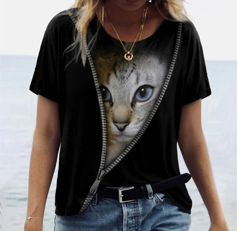 Móda Dámská trička Zvířecí 3D tisk Topy Tričko s krátkým rukávem Letní Kawaii Cat Grafika Trička Volné oversized oblečení