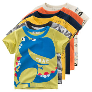 Léto Nové kreslené tričko pro chlapce a dívky Bavlněný top s krátkým rukávem Dinosaurus Auto Letadlo Písmeno Žralok Dětské oblečení