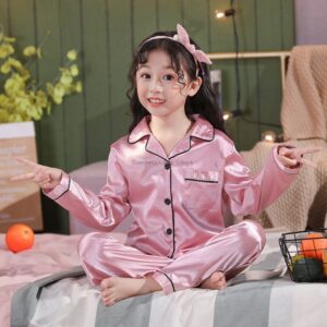 4 6 8 10 12 14 Years Děti Sady saténových pyžam Dětské oblečení na spaní Pyžama Jednobarevné Pyžamko Chlapecké noční kostýmky Dívky Růžové noční prádlo