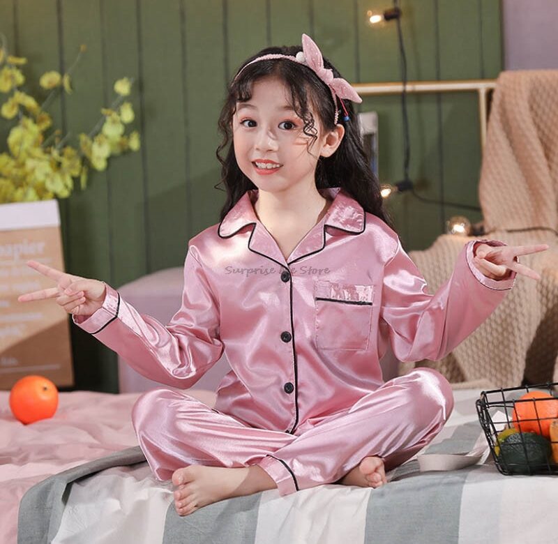 4 6 8 10 12 14 Years Děti Sady saténových pyžam Dětské oblečení na spaní Pyžama Jednobarevné Pyžamko Chlapecké noční kostýmky Dívky Růžové noční prádlo