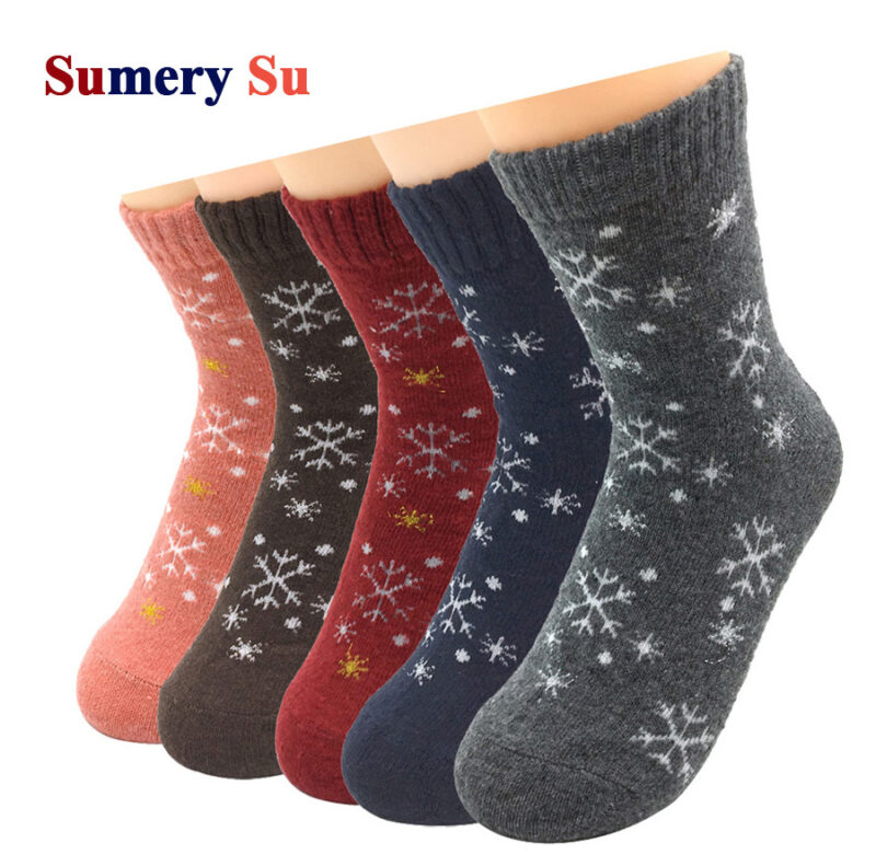 5 párů/hodně vlněné ponožky Ženy Teplá zima Sněhová květina Vzor javorového listu Kašmírové ponožky Dámské Dívky Vánoční dárek 5 Styl