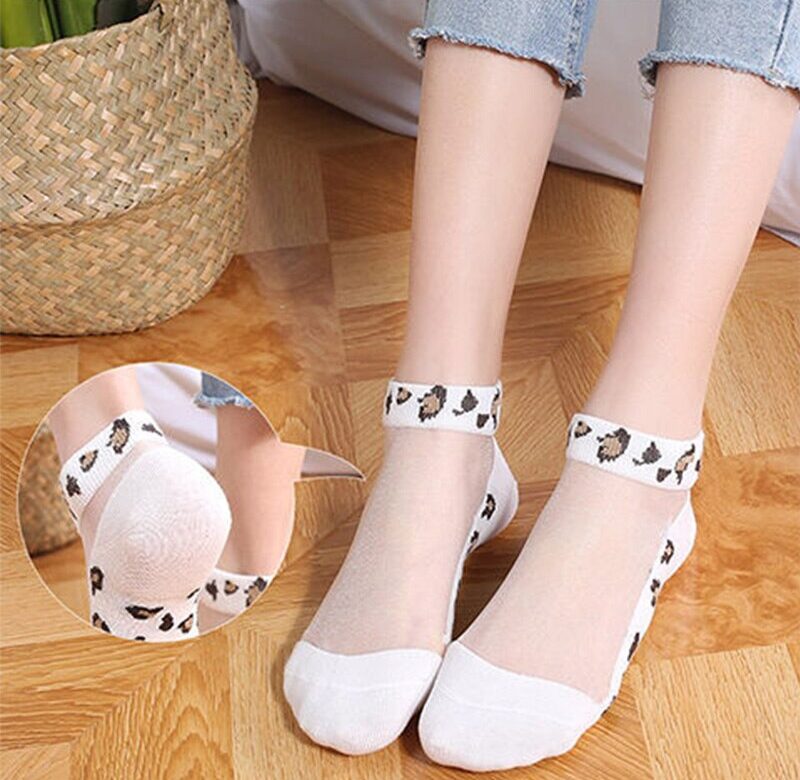 5 párů dámských skleněných vláken jarní a letní tenké průhledné leopardí ponožky polyesterová ponožková podrážka