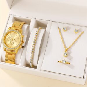 Sada 6 ks Luxusní hodinky Ženy Prsten Náhrdelník Náušnice Módní Náramkové hodinky Ležérní Dámské Hodinky Náramek Set Hodiny