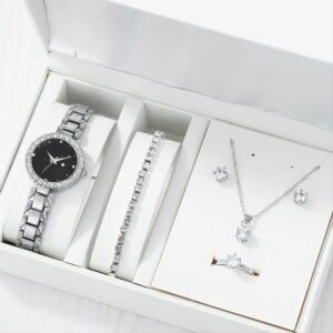 6dílná sada hodinek Ženy Cubic Zircon Decor Quartz Hodinky Módní Elegantní náramkové hodinky Pro dívku Dámské Hodiny Relogio Feminino