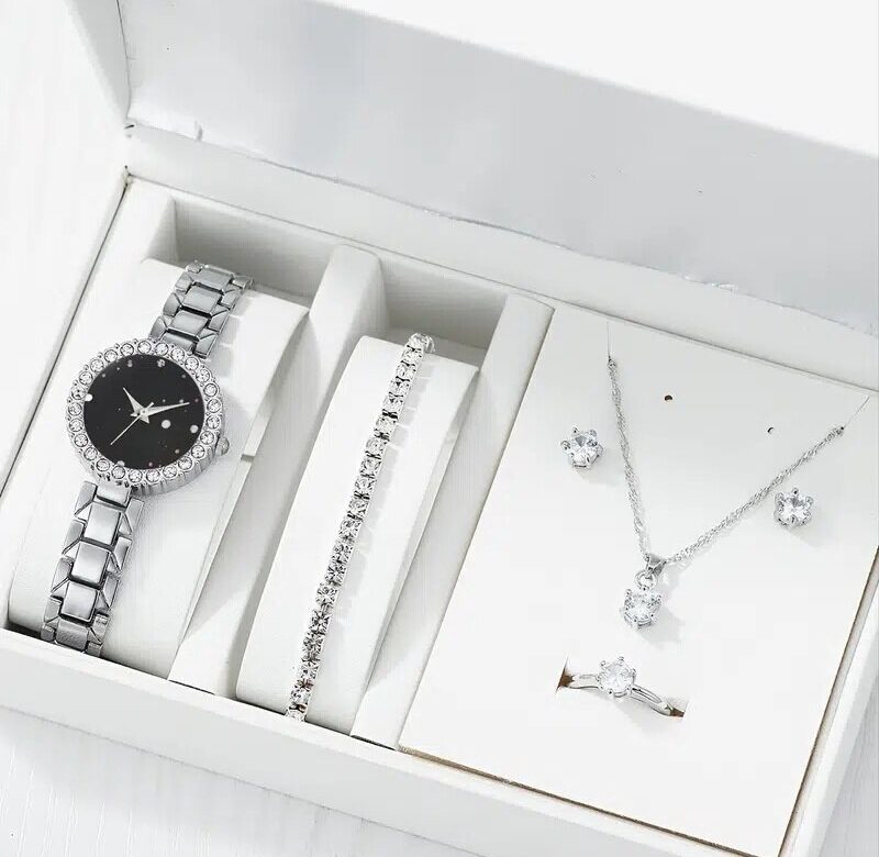 6dílná sada hodinek Ženy Cubic Zircon Decor Quartz Hodinky Módní Elegantní náramkové hodinky Pro dívku Dámské Hodiny Relogio Feminino