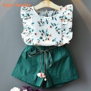 Dětské dívčí oblečení Bear Leader Fashion Sling Flower Mašle Dívčí košile + pruhované šortky 2ks Sady dětského oblečení