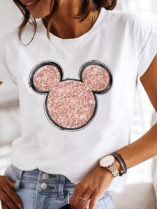 Kreslený top Oblečení Disney Mickey Mouse Oblečení Tričko Ženy Žena 90. léta Sladké Roztomilé Tištěné Módní Dáma Neformální Grafická trička