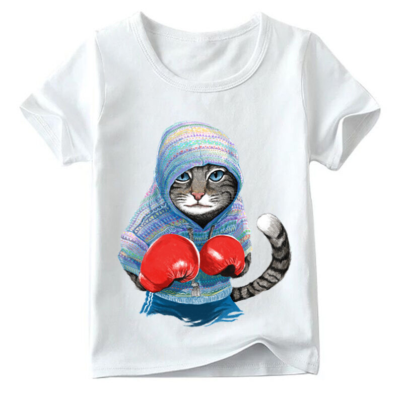 Děti Super Cool Boxing Cat Attack Tričko Chlapci/dívky Letní topy s krátkým rukávem Dětské Skvělé oblečení pro volný čas,ooo5043