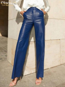Clacive Casual Blue Pu Leather Dámské Kalhoty Podzimní Elegantní Kapsy s vysokým pasem Kalhoty Móda Streetwear Rovné kalhoty