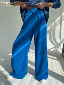 Clacive elegantní modré kancelářské dámské kalhoty móda volné po celé délce dámské kalhoty ležérní kalhoty s vysokým pasem pro ženy